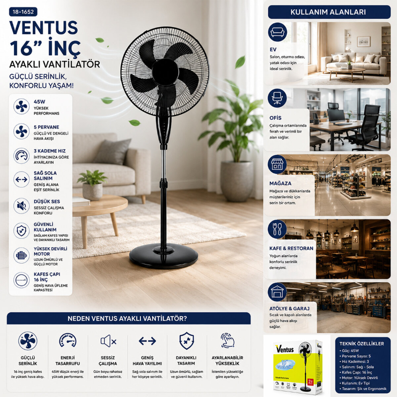 Ev Tipi Ayaklı Vantilatör - 16 İnç 5 Pervaneli - 45W Performans Ev Tipi Ayaklı Vantilatör - 16 İnç 5 Pervaneli - 45W Performans