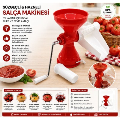 Ev Tipi Salça Makinesi - Süzgeçli ve Hazneli - Manuel Kollu Ev Tipi Salça Makinesi - Süzgeçli ve Hazneli - Manuel Kollu