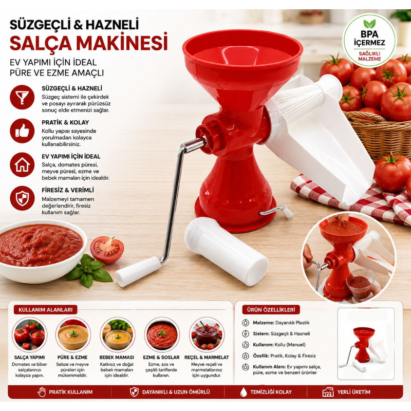 Ev Tipi Salça Makinesi - Süzgeçli ve Hazneli - Manuel Kollu Ev Tipi Salça Makinesi - Süzgeçli ve Hazneli - Manuel Kollu