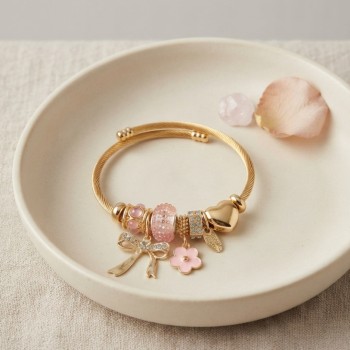 Fiyonk Charmlı Pembe Renk Gold Bileklik