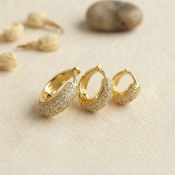 Gold Renk 3 lü Zirkon Taşlı Halka Küpe Set