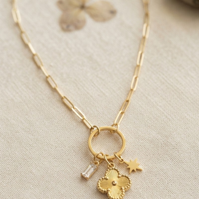 Gold Renk Ataç Zincir Yonca Model Kadın Kolye Gold Renk Ataç Zincir Yonca Model Kadın Kolye