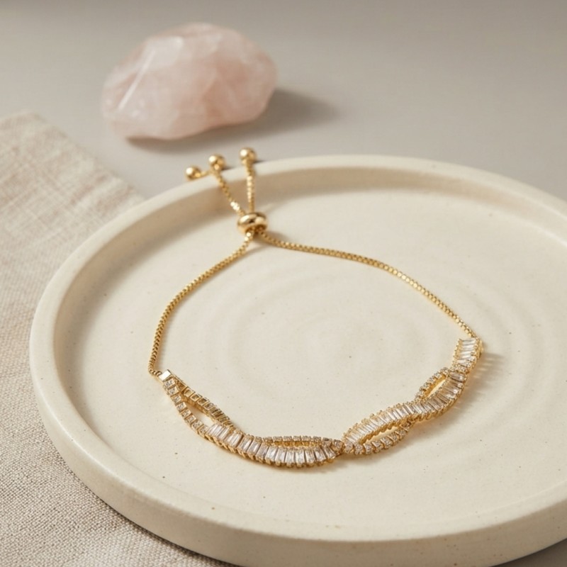 Gold Renk Baget Zirkon Taşlı Sarmal Model Pirinç Asansör Bileklik