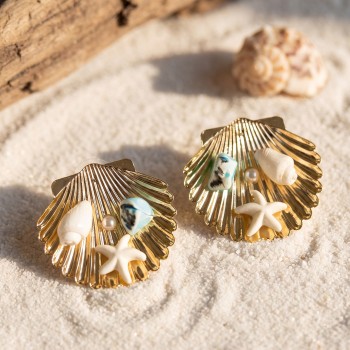 Gold Renk Deniz Kabuğu Deniz Yıldızı ve Turkuaz Taş Detaylı Küpe