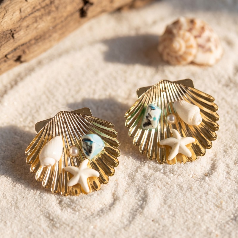 Gold Renk Deniz Kabuğu Deniz Yıldızı ve Turkuaz Taş Detaylı Küpe Gold Renk Deniz Kabuğu Deniz Yıldızı ve Turkuaz Taş Detaylı Küpe