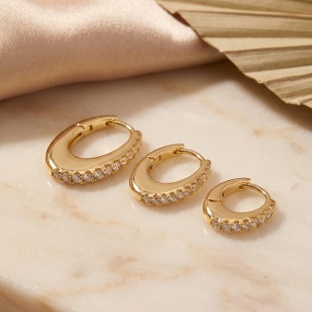 Gold Renk Oval Halka Model Zirkon Taşlı 3 lü Küpe Set