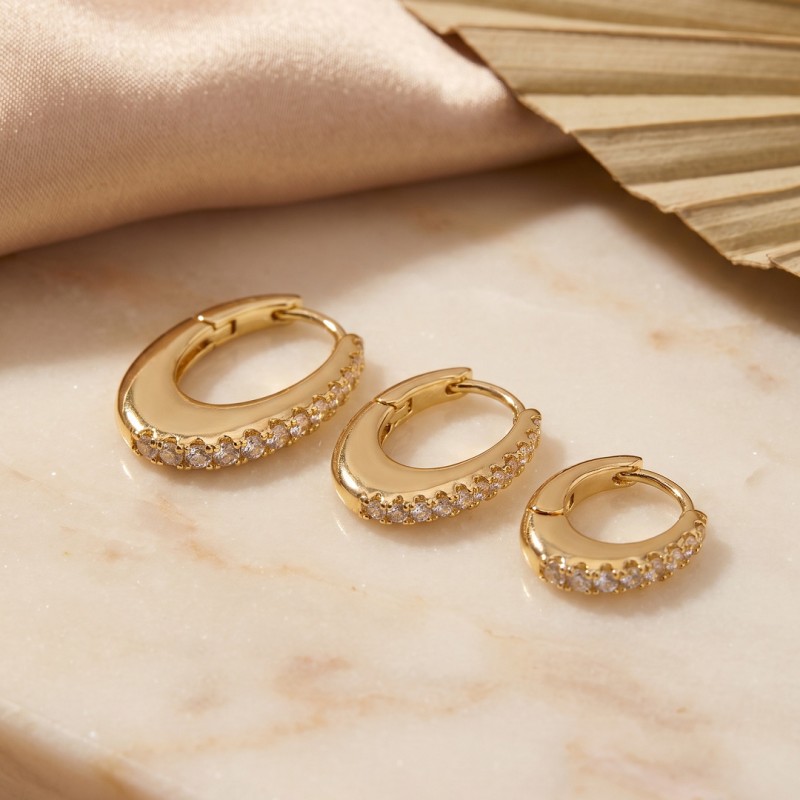 Gold Renk Oval Halka Model Zirkon Taşlı 3 lü Küpe Set