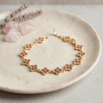 Gold Renk Pembe Zirkon Taşlı Yonca Model Kadın Bileklik