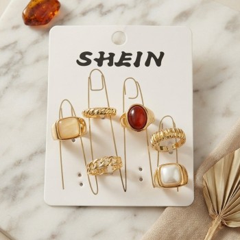 Gold Renk Pirinç Taş Detaylı Bohem Yüzük Kombini BYK4280