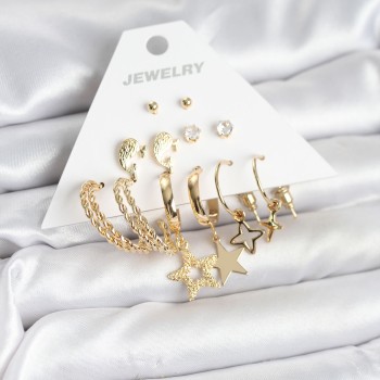 Gold Renk Yıldızlı Set 6 Çift Kadın Küpe Seti Gold Renk Yıldızlı Set 6 Çift Kadın Küpe Seti