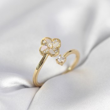 Gold Renk Zirkon Taşlı Yonca Model Kadın Yüzük