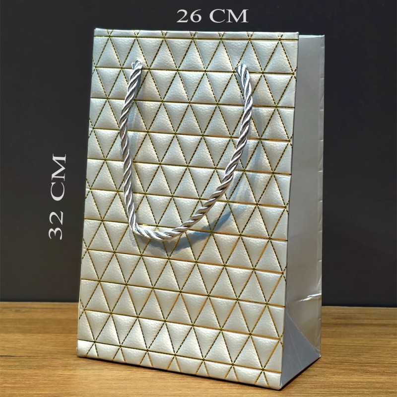 Gümüş Geometrik Desenli Büyük Boy Karton Hediye Çantası 