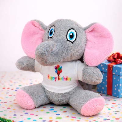 Happy Birthday Tişörtlü Sevimli Peluş Fil Happy Birthday Tişörtlü Sevimli Peluş Fil