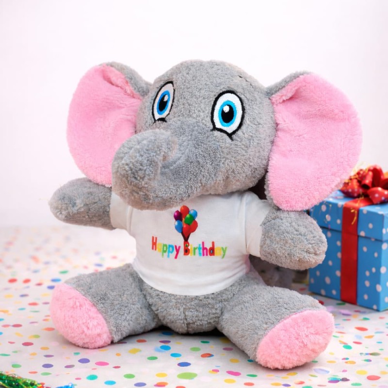 Happy Birthday Tişörtlü Sevimli Peluş Fil Happy Birthday Tişörtlü Sevimli Peluş Fil