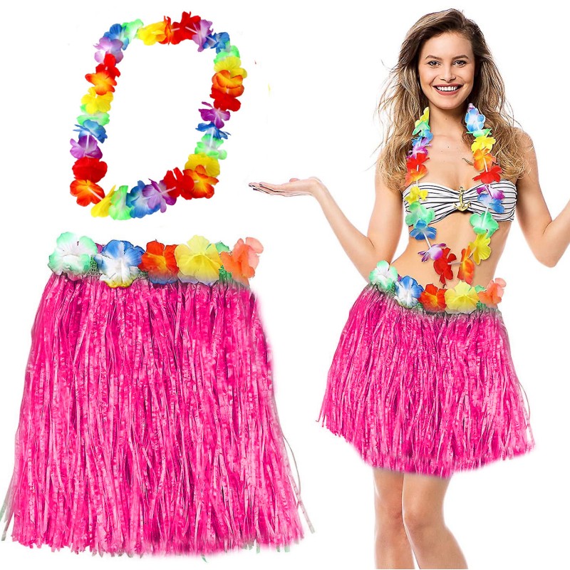Hawaii Luau Aloha Pembe Püsküllü 40 cm Etek ve Hawaii Kolye Seti Hawaii Luau Aloha Pembe Püsküllü 40 cm Etek ve Hawaii Kolye Seti