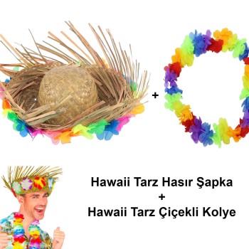 Hawaii Tarzı Set - Tropikal Çiçekli Hasır Şapka ve Çiçekli Hawaii Kolye Hawaii Tarzı Set - Tropikal Çiçekli Hasır Şapka ve Çiçekli Hawaii Kolye