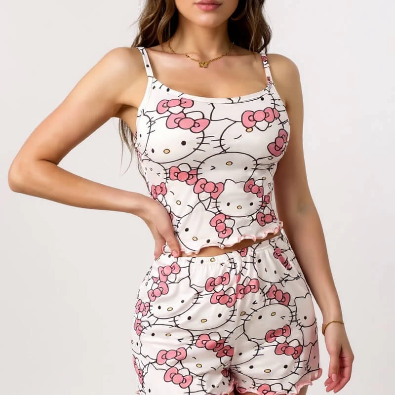 Hello Kitty Baskılı Askılı Şortlu Pijama Takımı