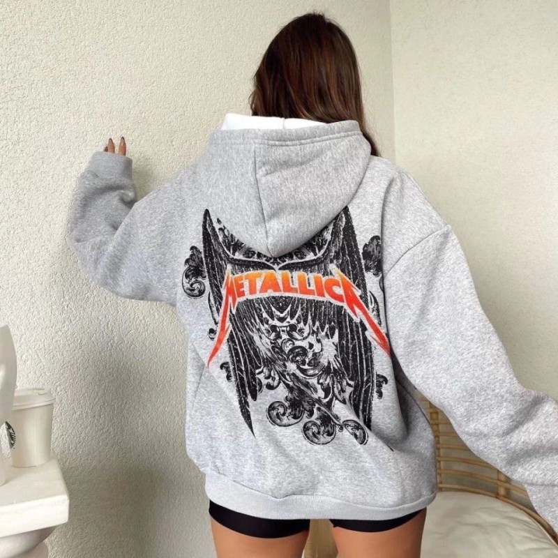 Kadın 2 İplik METALLICA Baskılı Kapüşonlu Sweatshirt Hoodie - Gri Kadın 2 İplik METALLICA Baskılı Kapüşonlu Sweatshirt Hoodie - Gri