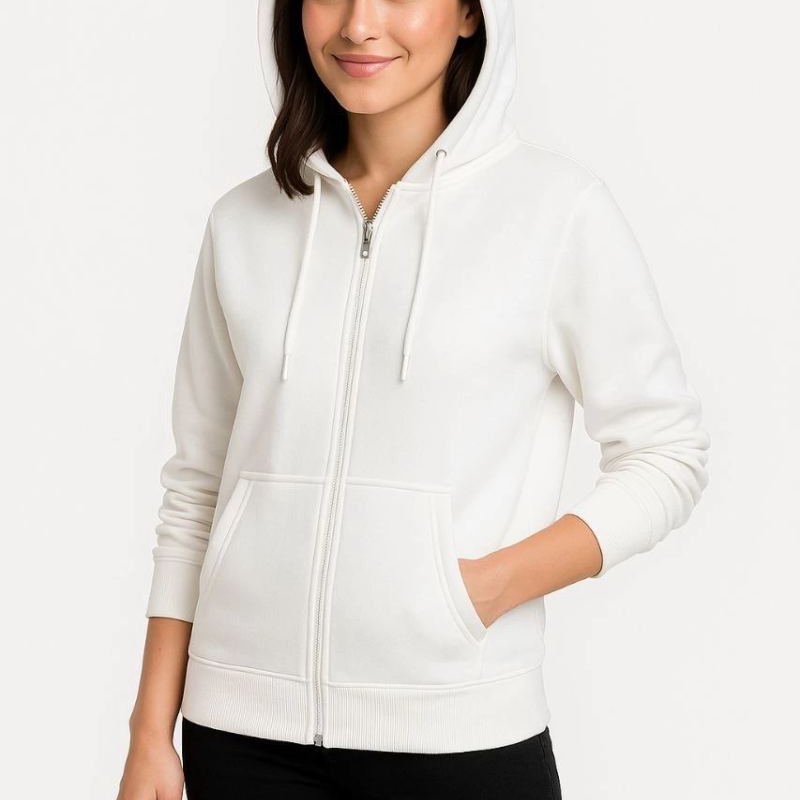 Kadın 3 İplik Kapüşonlu Tam Fermuarlı Kanguru Cepli Sweatshirt Hoodie - Beyaz Kadın 3 İplik Kapüşonlu Tam Fermuarlı Kanguru Cepli Sweatshirt Hoodie - Beyaz
