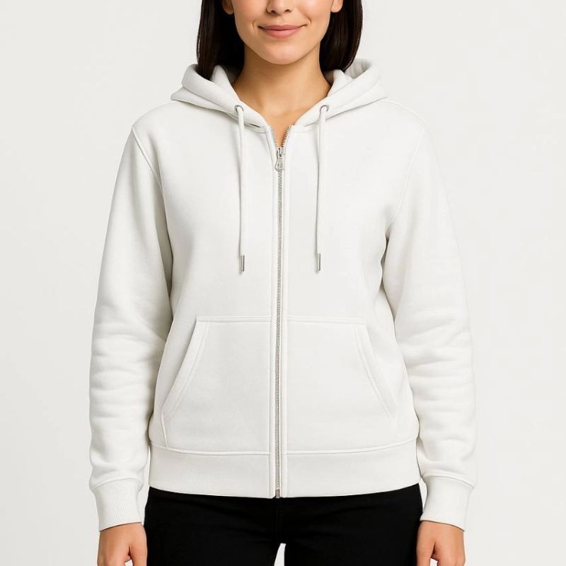Kadın 3 İplik Kapüşonlu Tam Fermuarlı Kanguru Cepli Sweatshirt Hoodie - Beyaz Kadın 3 İplik Kapüşonlu Tam Fermuarlı Kanguru Cepli Sweatshirt Hoodie - Beyaz