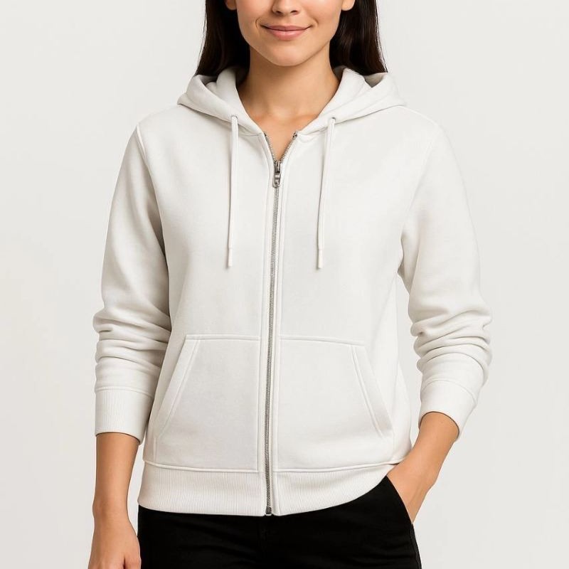 Kadın 3 İplik Kapüşonlu Tam Fermuarlı Kanguru Cepli Sweatshirt Hoodie - Beyaz Kadın 3 İplik Kapüşonlu Tam Fermuarlı Kanguru Cepli Sweatshirt Hoodie - Beyaz