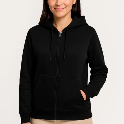 Kadın 3 İplik Kapüşonlu Tam Fermuarlı Kanguru Cepli Sweatshirt Hoodie - Siyah Kadın 3 İplik Kapüşonlu Tam Fermuarlı Kanguru Cepli Sweatshirt Hoodie - Siyah
