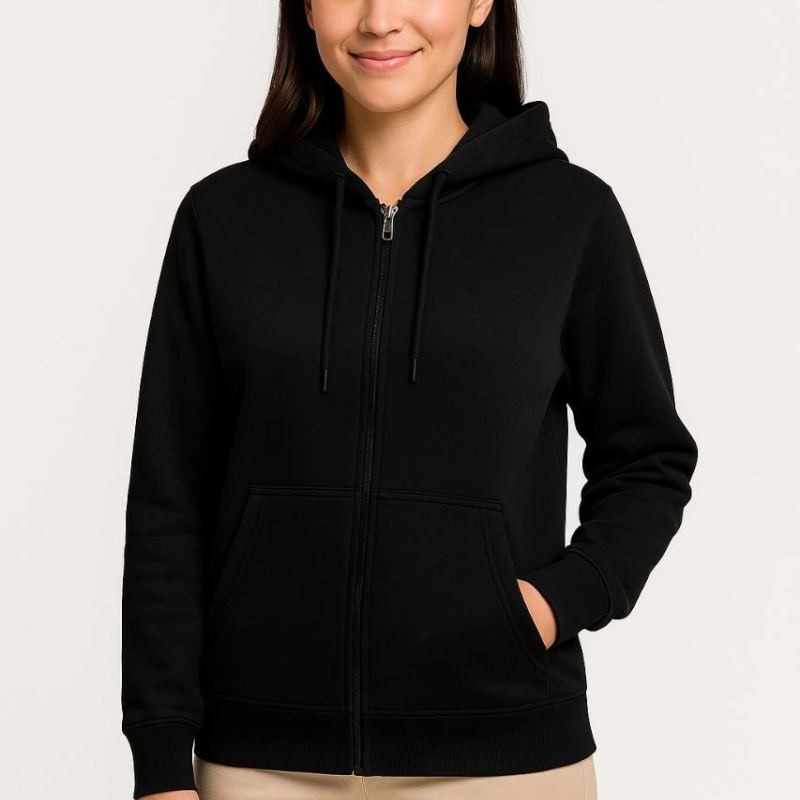 Kadın 3 İplik Kapüşonlu Tam Fermuarlı Kanguru Cepli Sweatshirt Hoodie - Siyah Kadın 3 İplik Kapüşonlu Tam Fermuarlı Kanguru Cepli Sweatshirt Hoodie - Siyah