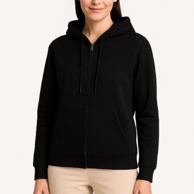 Kadın 3 İplik Kapüşonlu Tam Fermuarlı Kanguru Cepli Sweatshirt Hoodie - Siyah Kadın 3 İplik Kapüşonlu Tam Fermuarlı Kanguru Cepli Sweatshirt Hoodie - Siyah