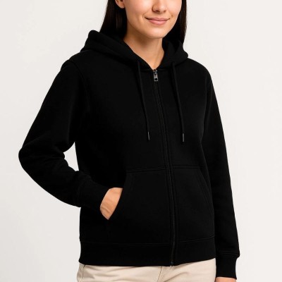 Kadın 3 İplik Kapüşonlu Tam Fermuarlı Kanguru Cepli Sweatshirt Hoodie - Siyah Kadın 3 İplik Kapüşonlu Tam Fermuarlı Kanguru Cepli Sweatshirt Hoodie - Siyah