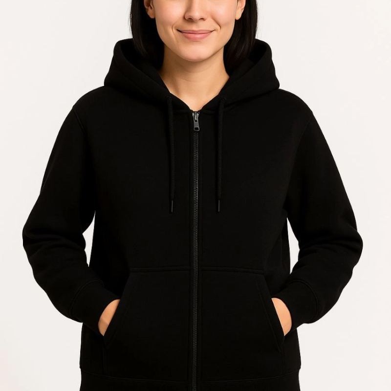 Kadın 3 İplik Kapüşonlu Tam Fermuarlı Kanguru Cepli Sweatshirt Hoodie - Siyah Kadın 3 İplik Kapüşonlu Tam Fermuarlı Kanguru Cepli Sweatshirt Hoodie - Siyah