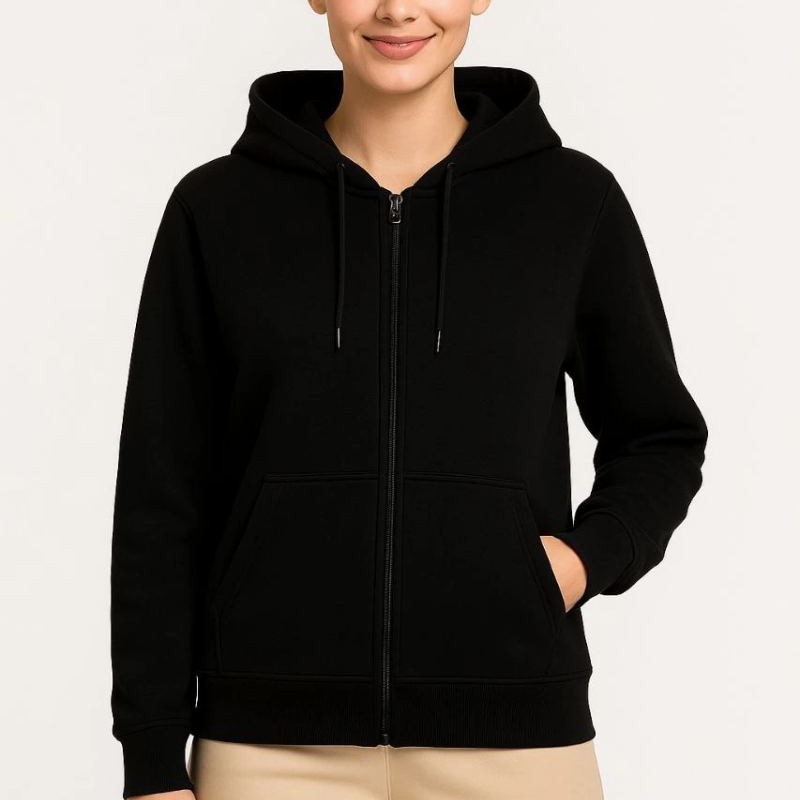 Kadın 3 İplik Kapüşonlu Tam Fermuarlı Kanguru Cepli Sweatshirt Hoodie - Siyah Kadın 3 İplik Kapüşonlu Tam Fermuarlı Kanguru Cepli Sweatshirt Hoodie - Siyah