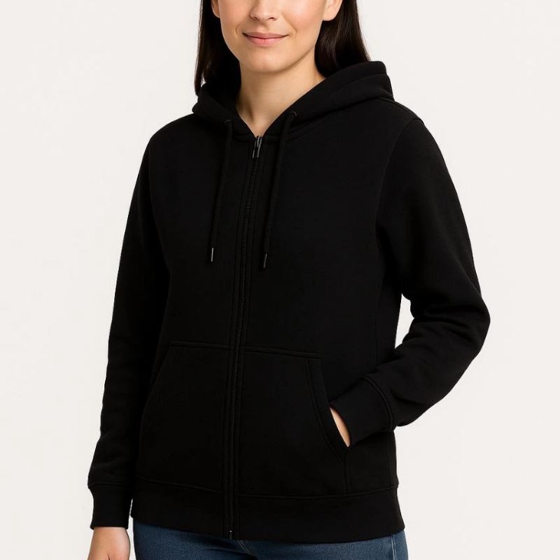 Kadın 3 İplik Kapüşonlu Tam Fermuarlı Kanguru Cepli Sweatshirt Hoodie - Siyah Kadın 3 İplik Kapüşonlu Tam Fermuarlı Kanguru Cepli Sweatshirt Hoodie - Siyah