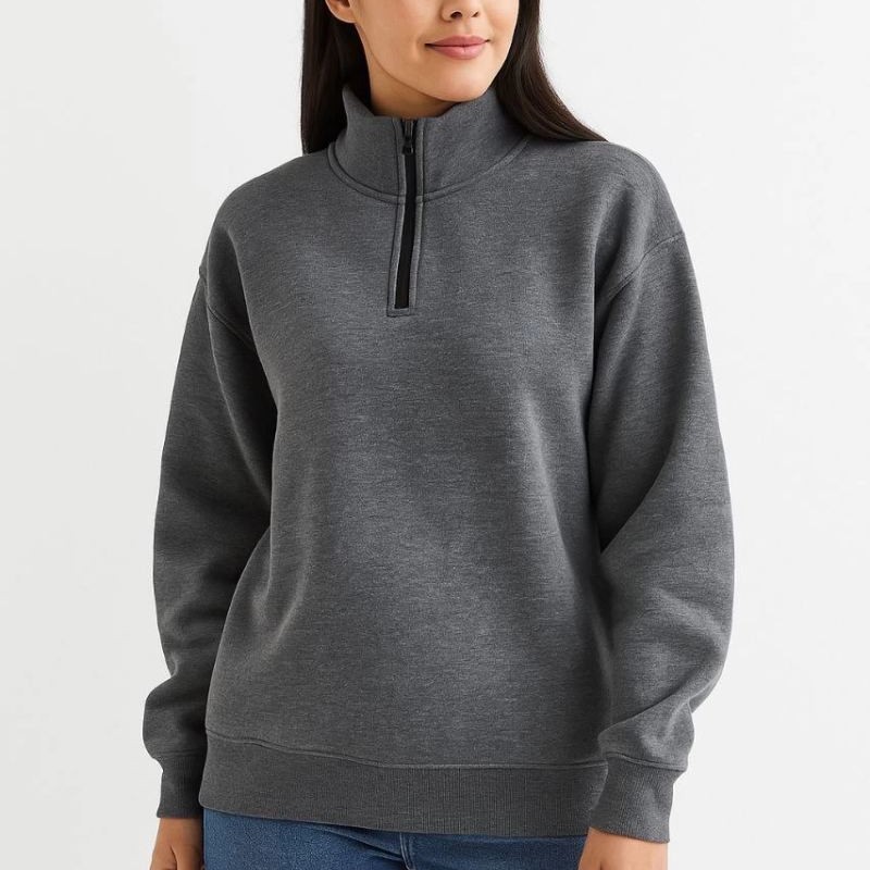 Kadın 3 İplik Pamuklu Dık Yaka Yarım Fermuarlı SweatShirt - Antrasit Kadın 3 İplik Pamuklu Dık Yaka Yarım Fermuarlı SweatShirt - Antrasit