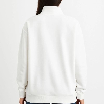 Kadın 3 İplik Pamuklu Dık Yaka Yarım Fermuarlı SweatShirt - Beyaz Kadın 3 İplik Pamuklu Dık Yaka Yarım Fermuarlı SweatShirt - Beyaz