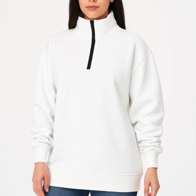 Kadın 3 İplik Pamuklu Dık Yaka Yarım Fermuarlı SweatShirt - Beyaz Kadın 3 İplik Pamuklu Dık Yaka Yarım Fermuarlı SweatShirt - Beyaz