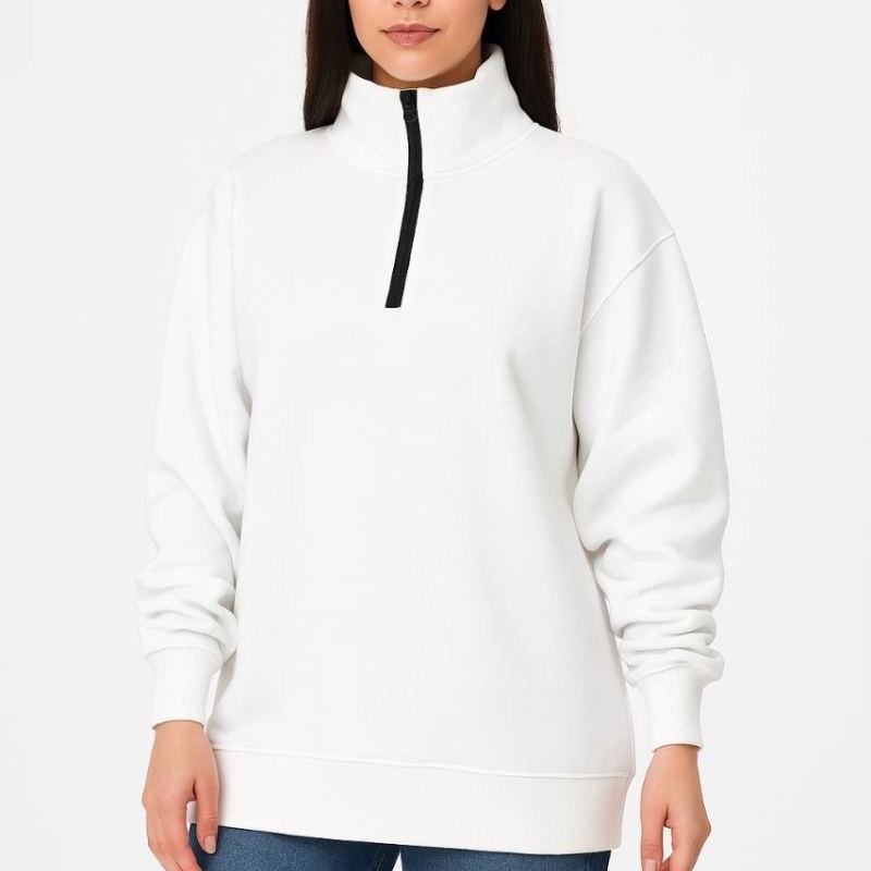 Kadın 3 İplik Pamuklu Dık Yaka Yarım Fermuarlı SweatShirt - Beyaz Kadın 3 İplik Pamuklu Dık Yaka Yarım Fermuarlı SweatShirt - Beyaz