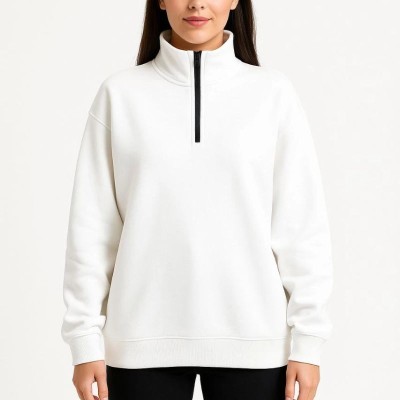 Kadın 3 İplik Pamuklu Dık Yaka Yarım Fermuarlı SweatShirt - Beyaz Kadın 3 İplik Pamuklu Dık Yaka Yarım Fermuarlı SweatShirt - Beyaz