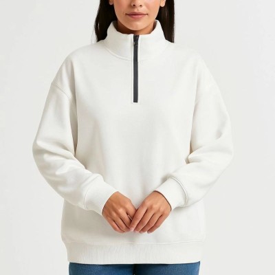 Kadın 3 İplik Pamuklu Dık Yaka Yarım Fermuarlı SweatShirt - Beyaz Kadın 3 İplik Pamuklu Dık Yaka Yarım Fermuarlı SweatShirt - Beyaz