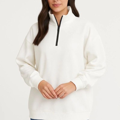 Kadın 3 İplik Pamuklu Dık Yaka Yarım Fermuarlı SweatShirt - Beyaz Kadın 3 İplik Pamuklu Dık Yaka Yarım Fermuarlı SweatShirt - Beyaz