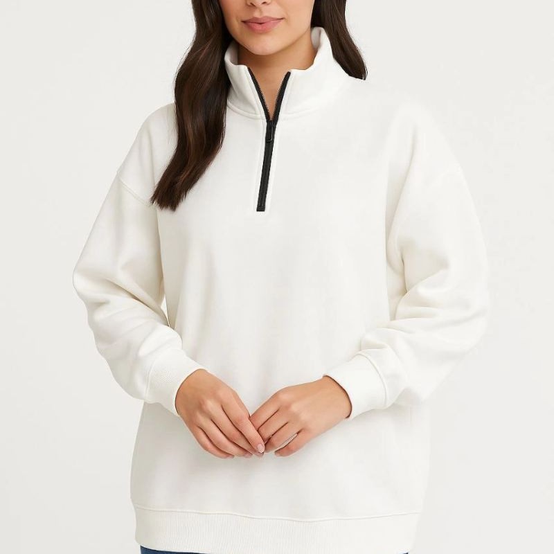Kadın 3 İplik Pamuklu Dık Yaka Yarım Fermuarlı SweatShirt - Beyaz Kadın 3 İplik Pamuklu Dık Yaka Yarım Fermuarlı SweatShirt - Beyaz