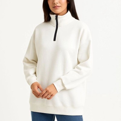 Kadın 3 İplik Pamuklu Dık Yaka Yarım Fermuarlı SweatShirt - Beyaz Kadın 3 İplik Pamuklu Dık Yaka Yarım Fermuarlı SweatShirt - Beyaz