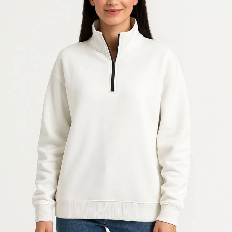 Kadın 3 İplik Pamuklu Dık Yaka Yarım Fermuarlı SweatShirt - Beyaz Kadın 3 İplik Pamuklu Dık Yaka Yarım Fermuarlı SweatShirt - Beyaz