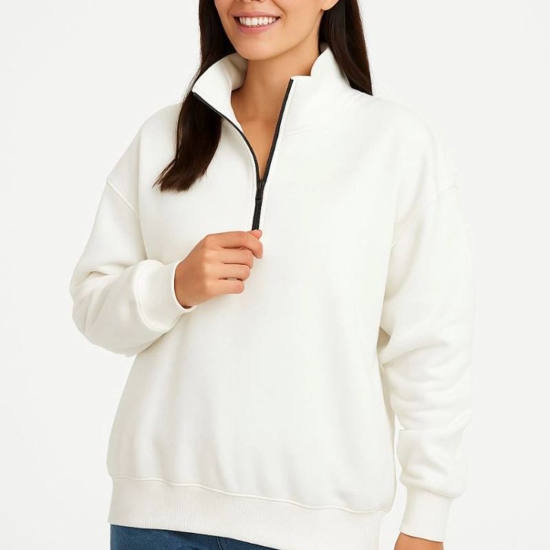 Kadın 3 İplik Pamuklu Dık Yaka Yarım Fermuarlı SweatShirt - Beyaz Kadın 3 İplik Pamuklu Dık Yaka Yarım Fermuarlı SweatShirt - Beyaz
