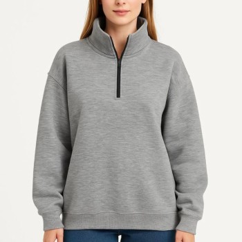 Kadın 3 İplik Pamuklu Dık Yaka Yarım Fermuarlı SweatShirt - Gri Kadın 3 İplik Pamuklu Dık Yaka Yarım Fermuarlı SweatShirt - Gri