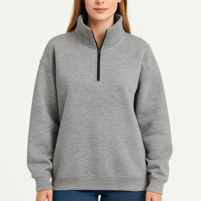 Kadın 3 İplik Pamuklu Dık Yaka Yarım Fermuarlı SweatShirt - Gri Kadın 3 İplik Pamuklu Dık Yaka Yarım Fermuarlı SweatShirt - Gri