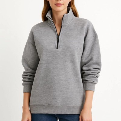 Kadın 3 İplik Pamuklu Dık Yaka Yarım Fermuarlı SweatShirt - Gri Kadın 3 İplik Pamuklu Dık Yaka Yarım Fermuarlı SweatShirt - Gri