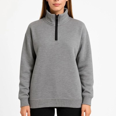 Kadın 3 İplik Pamuklu Dık Yaka Yarım Fermuarlı SweatShirt - Gri Kadın 3 İplik Pamuklu Dık Yaka Yarım Fermuarlı SweatShirt - Gri
