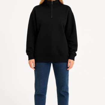 Kadın 3 İplik Pamuklu Dık Yaka Yarım Fermuarlı SweatShirt - Siyah Kadın 3 İplik Pamuklu Dık Yaka Yarım Fermuarlı SweatShirt - Siyah