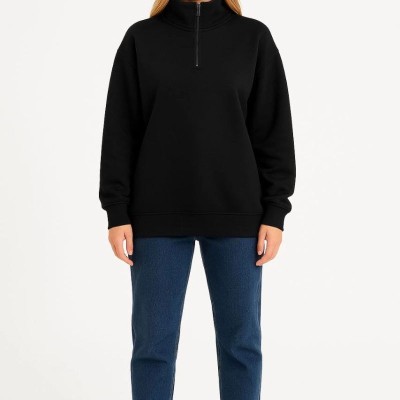 Kadın 3 İplik Pamuklu Dık Yaka Yarım Fermuarlı SweatShirt - Siyah Kadın 3 İplik Pamuklu Dık Yaka Yarım Fermuarlı SweatShirt - Siyah