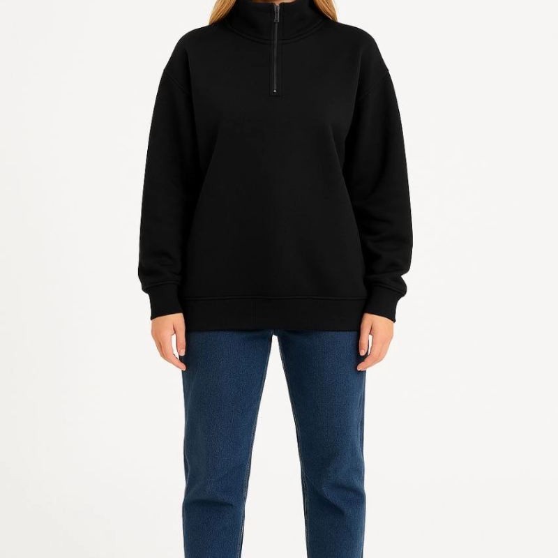 Kadın 3 İplik Pamuklu Dık Yaka Yarım Fermuarlı SweatShirt - Siyah Kadın 3 İplik Pamuklu Dık Yaka Yarım Fermuarlı SweatShirt - Siyah